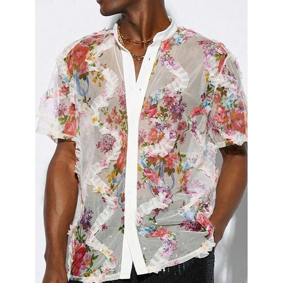 Manfinity Men's White Sheer Floral Shirt Large Shein Se Thru Sexy - Picture 1 of 9